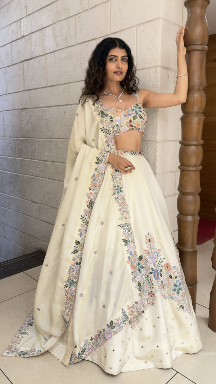 Ivory Floral Embroidered Designer Lehenga Set with Pastel Thread Work & Dupatta