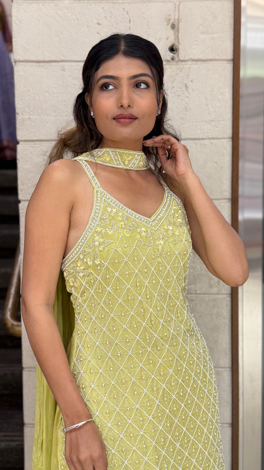 Lime Yellow Embellished Kurta Sharara Set with Choker-Style Dupatta