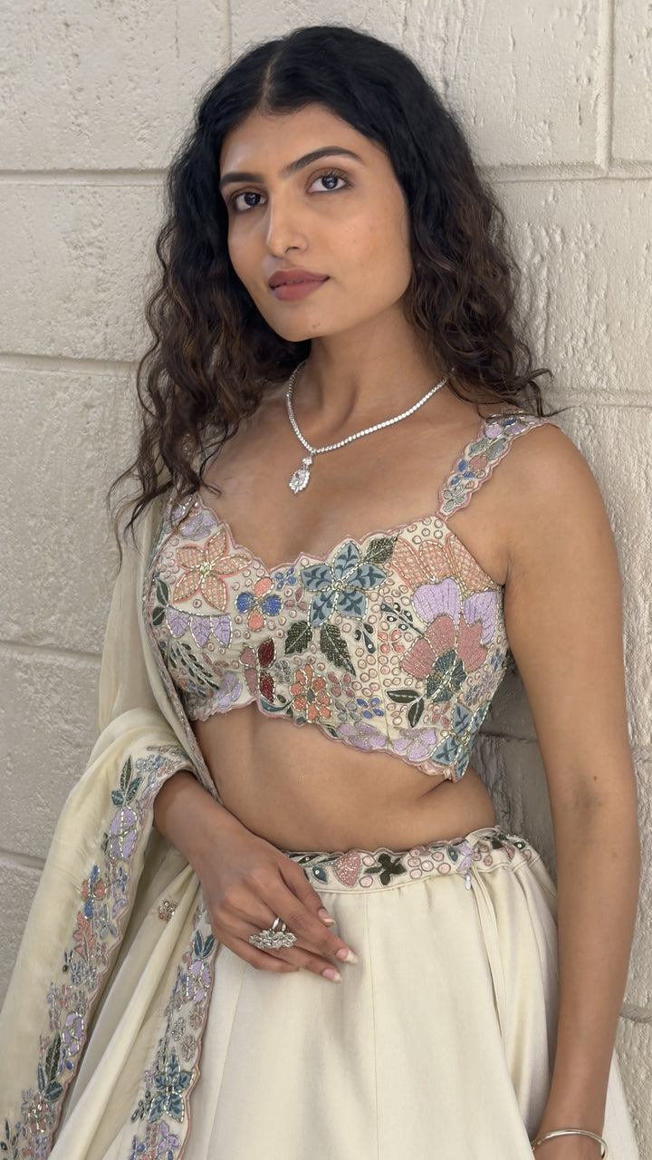 Ivory Floral Embroidered Designer Lehenga Set with Pastel Thread Work & Dupatta