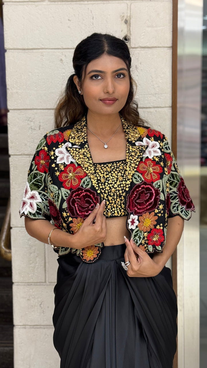 Black Indo-Western Draped Dhoti Skirt Set with Sequin Blouse & Embroidered Jacket