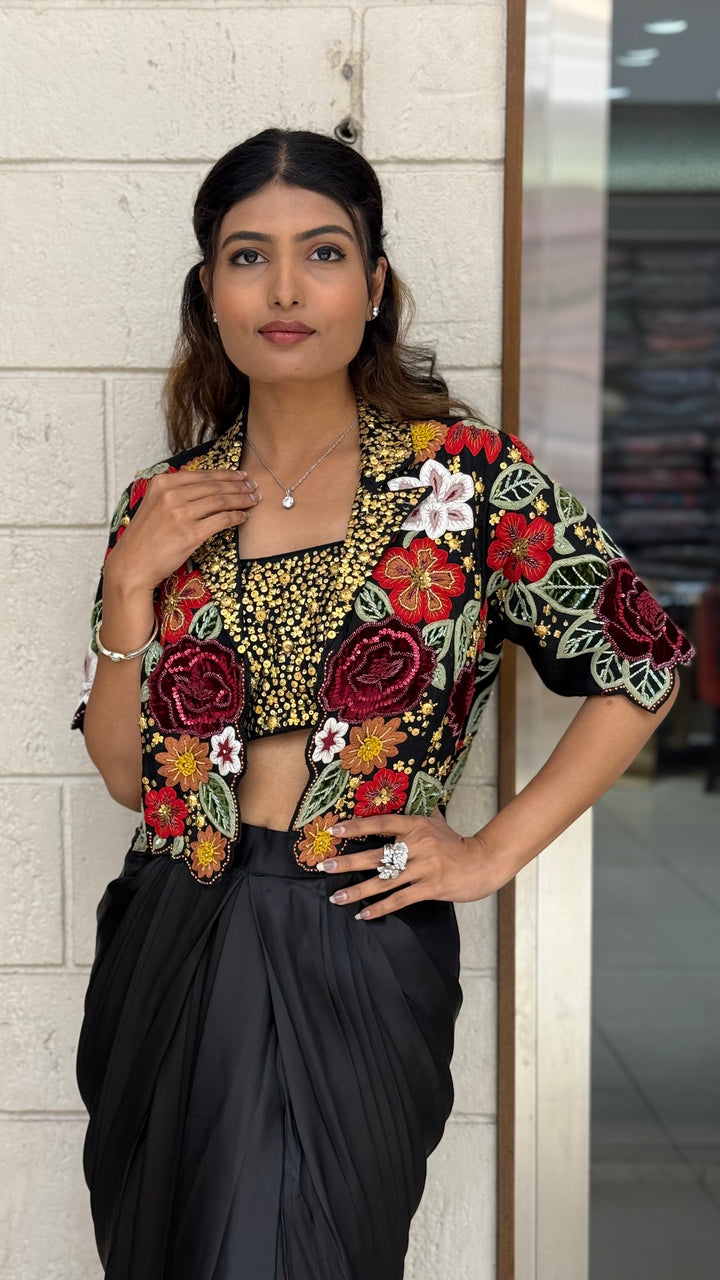 Black Indo-Western Draped Dhoti Skirt Set with Sequin Blouse & Embroidered Jacket