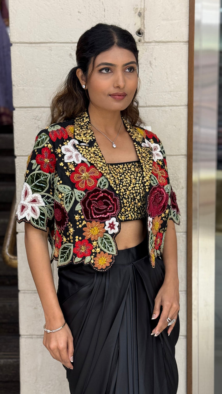 Black Indo-Western Draped Dhoti Skirt Set with Sequin Blouse & Embroidered Jacket
