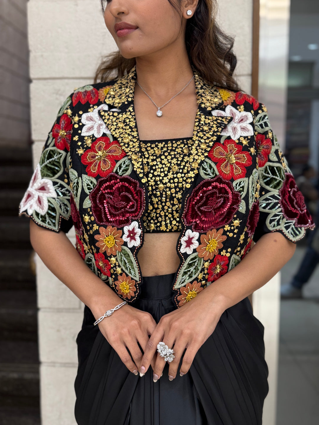 Black Indo-Western Draped Dhoti Skirt Set with Sequin Blouse & Embroidered Jacket