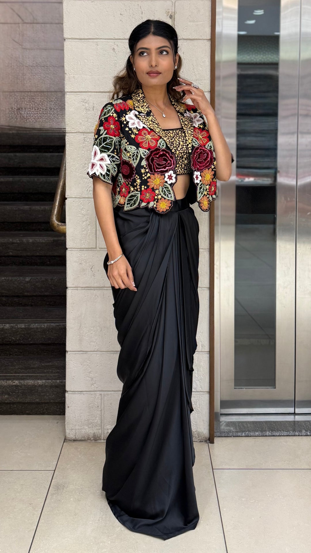 Black Indo-Western Draped Dhoti Skirt Set with Sequin Blouse & Embroidered Jacket