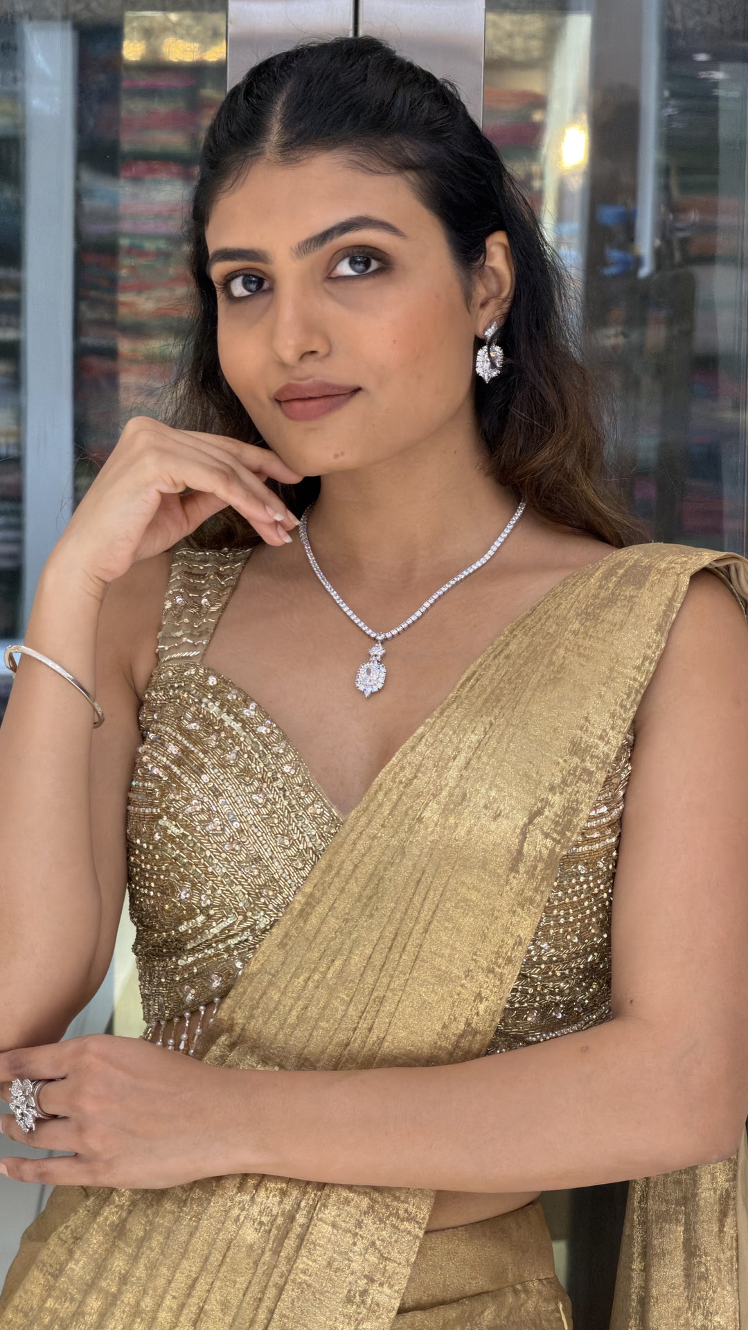 Golden Shimmer Designer Saree with Embellished Blouse