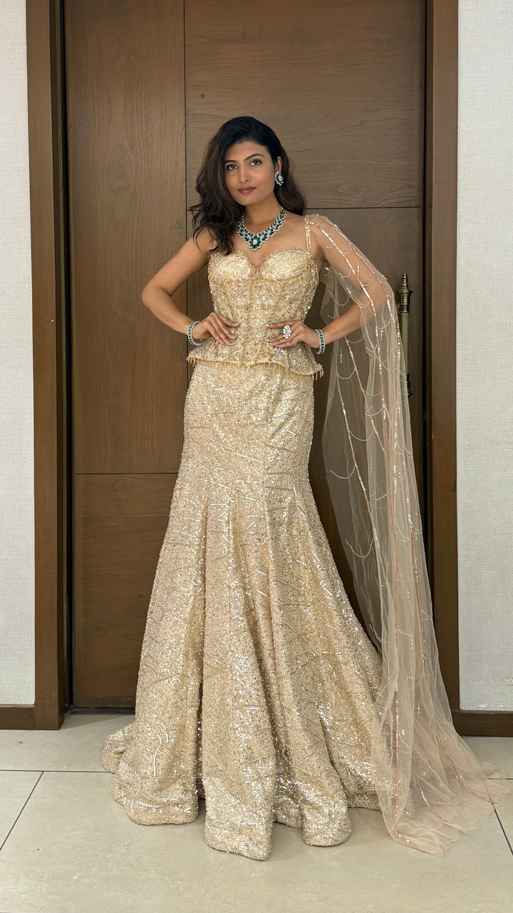 Champagne Gold Sequin Embellished Designer Lehenga Set with Corset Blouse & Sheer Net Dupatta