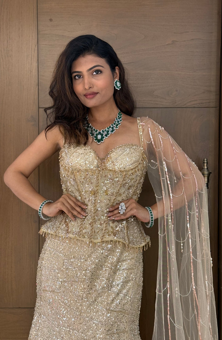 Champagne Gold Sequin Embellished Designer Lehenga Set with Corset Blouse & Sheer Net Dupatta