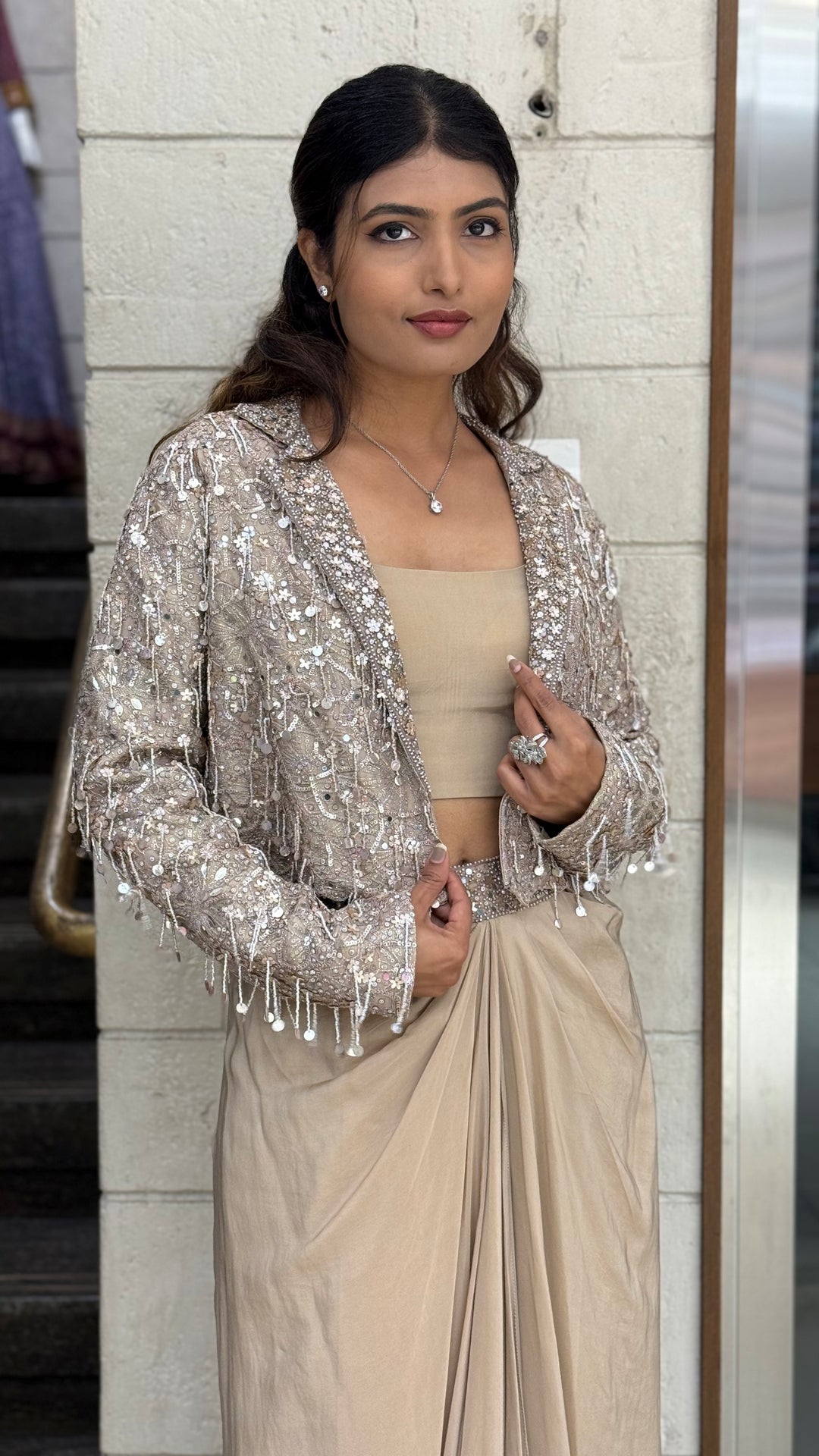 Champagne Beige Indo-Western Draped Skirt Set with Sequin Jacket
