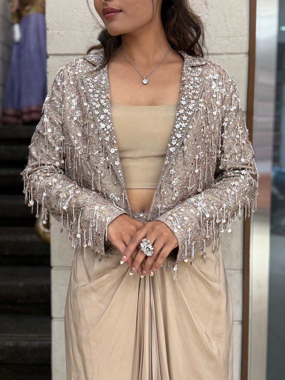 Champagne Beige Indo-Western Draped Skirt Set with Sequin Jacket