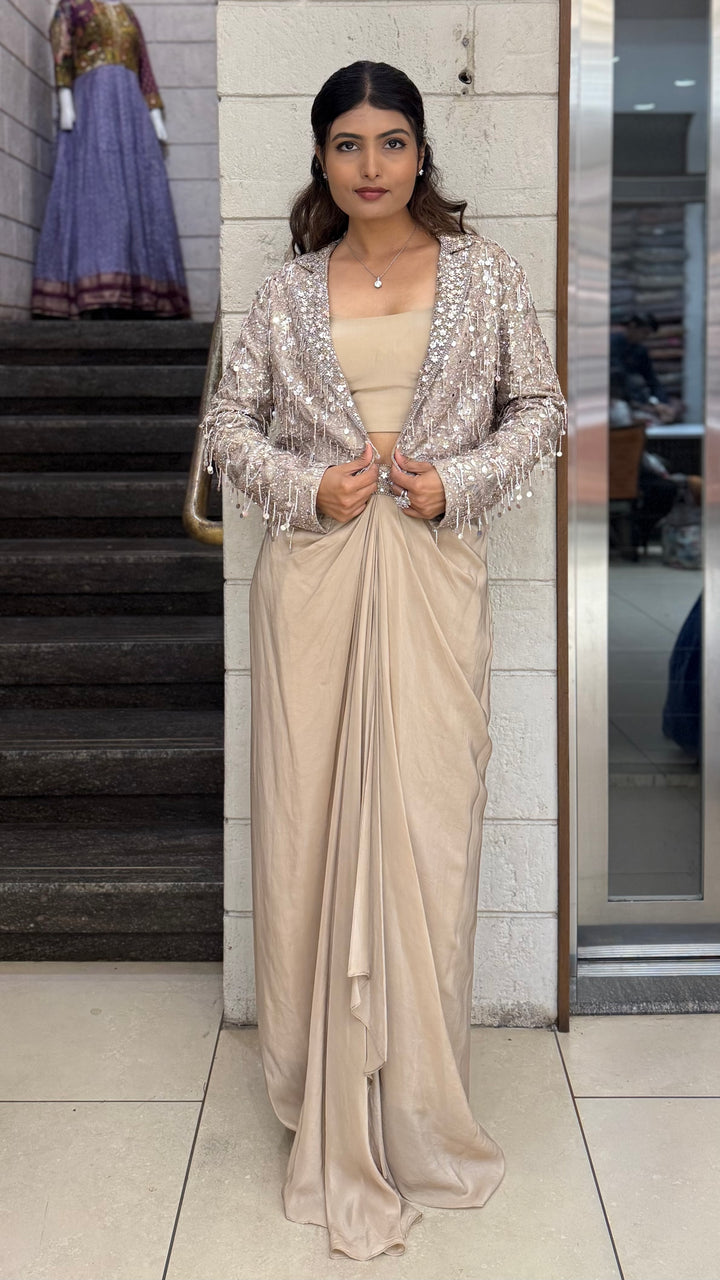 Champagne Beige Indo-Western Draped Skirt Set with Sequin Jacket
