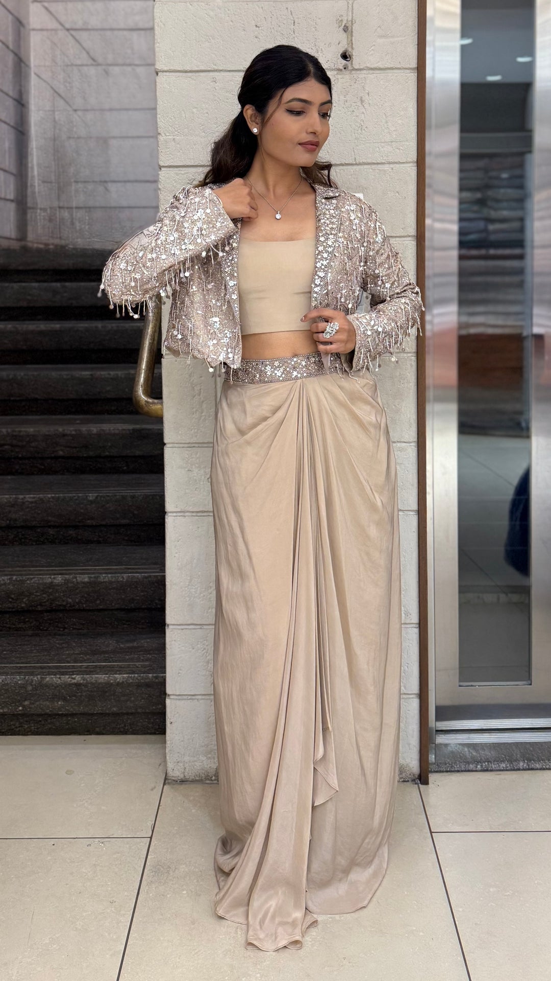Champagne Beige Indo-Western Draped Skirt Set with Sequin Jacket