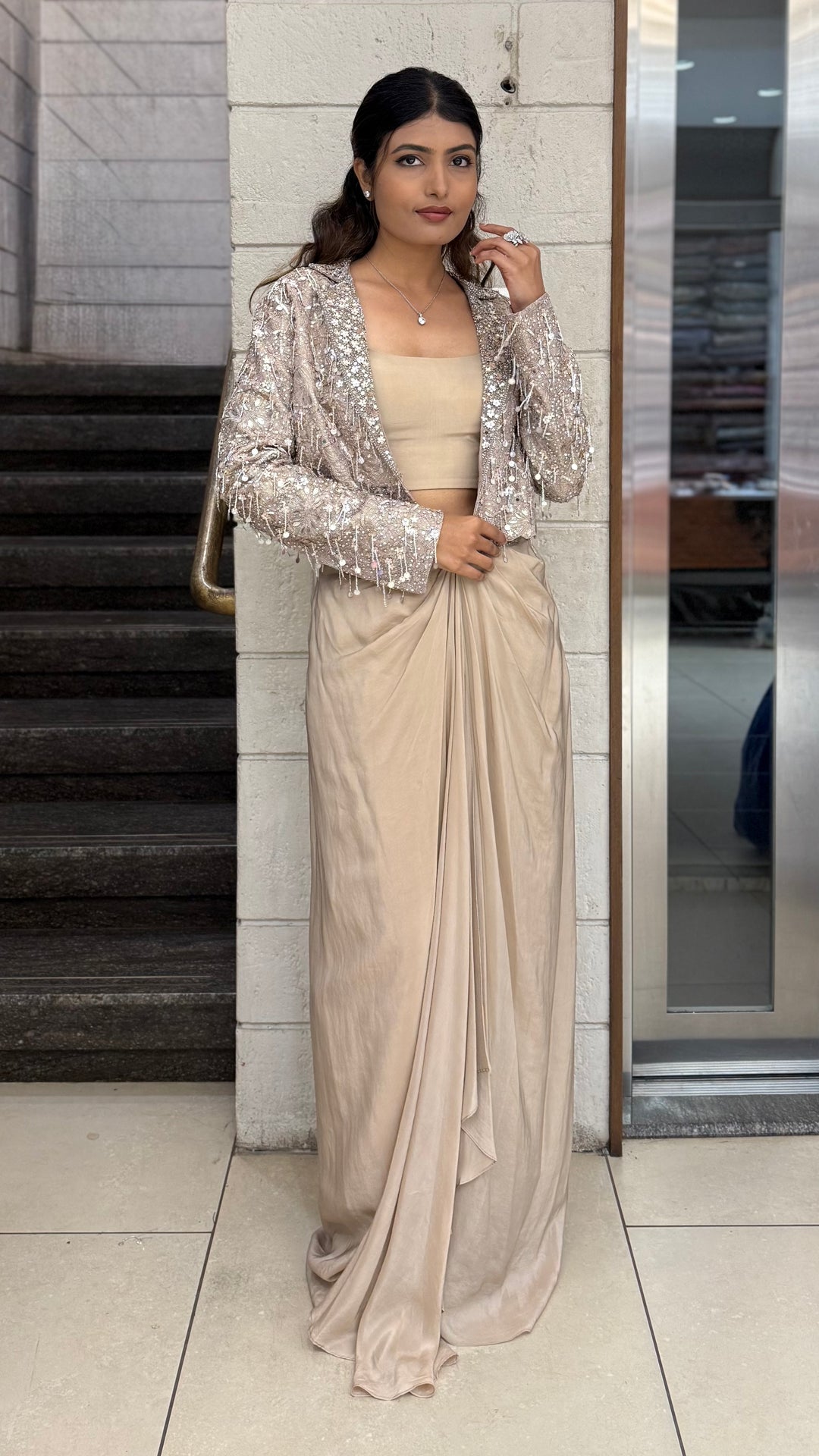 Champagne Beige Indo-Western Draped Skirt Set with Sequin Jacket