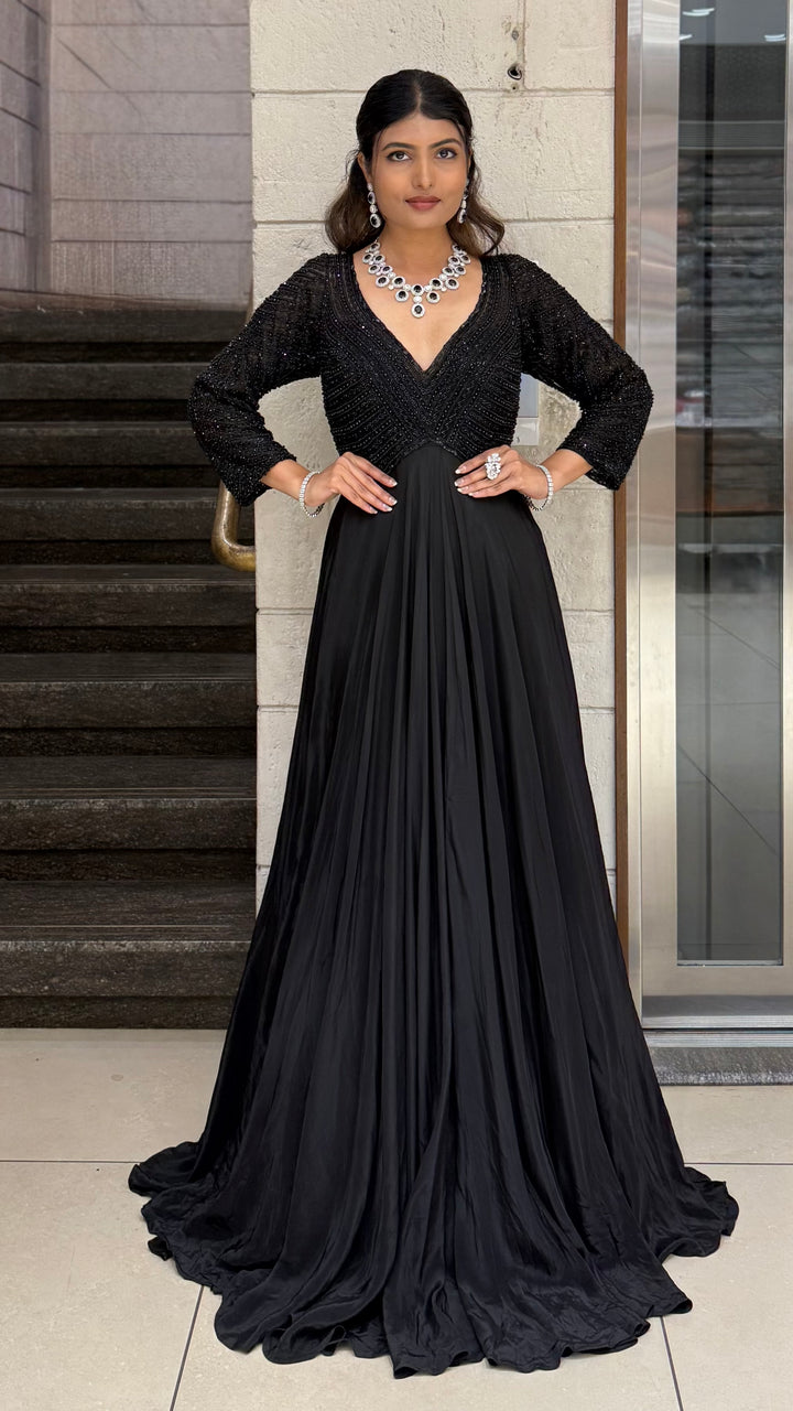 Black Embellished V-Neck Designer Evening Gown with Flared Skirt