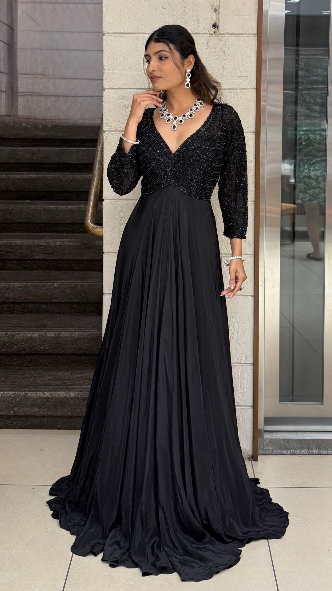 Black Embellished V-Neck Designer Evening Gown with Flared Skirt