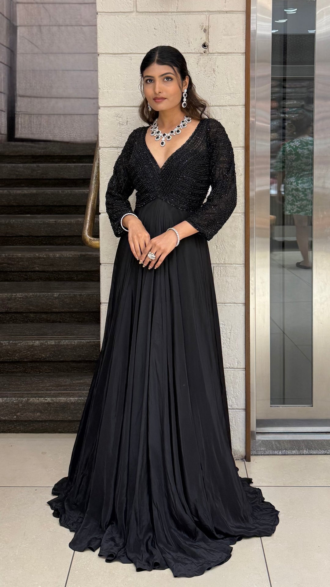 Black Embellished V-Neck Designer Evening Gown with Flared Skirt