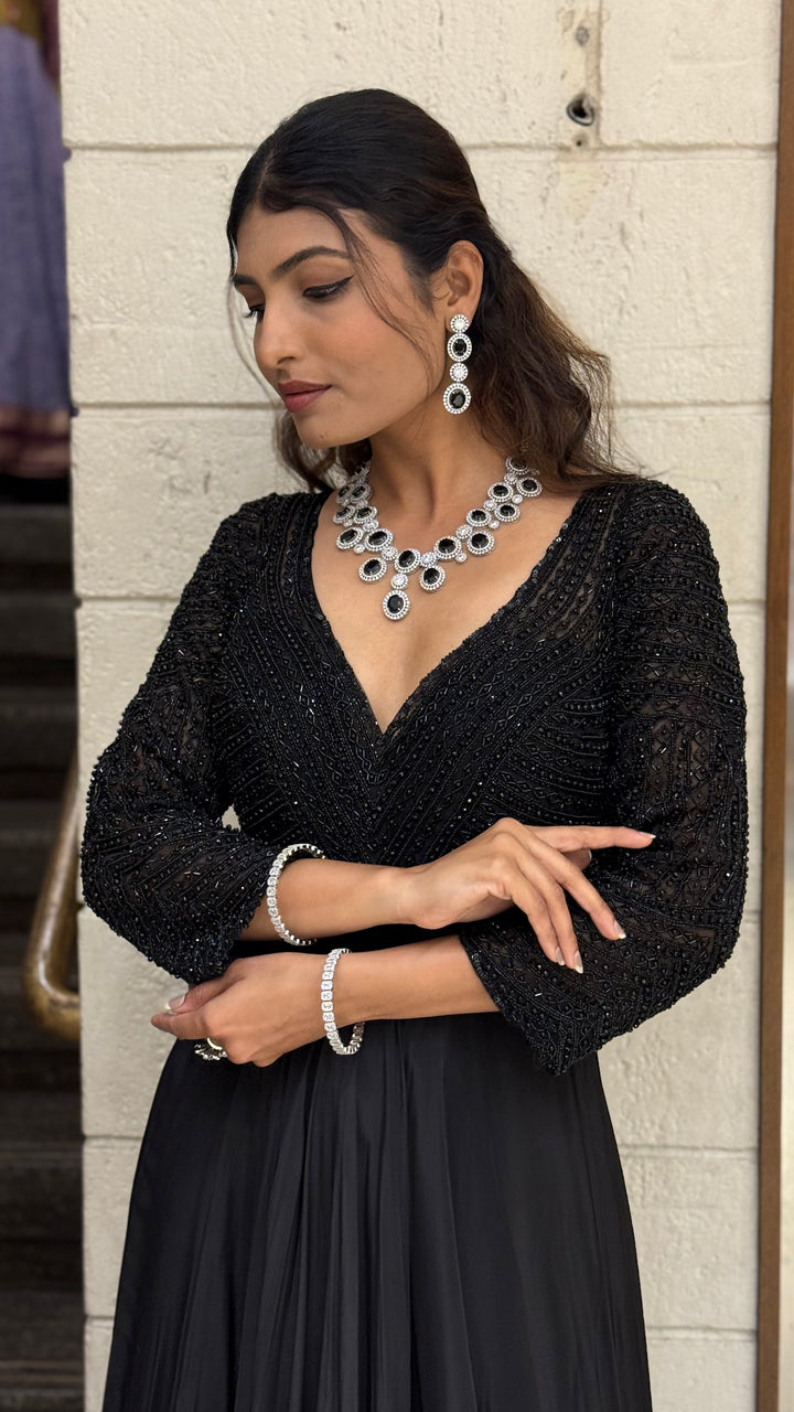 Black Embellished V-Neck Designer Evening Gown with Flared Skirt