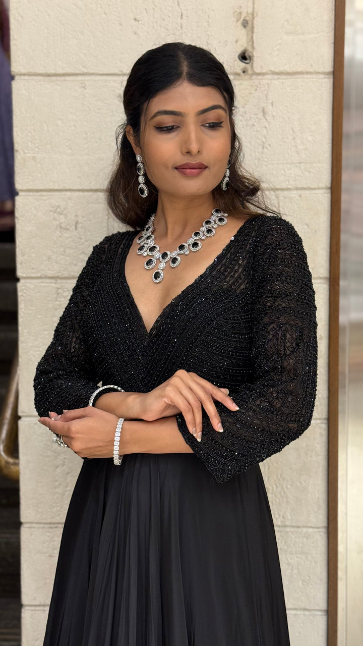 Black Embellished V-Neck Designer Evening Gown with Flared Skirt