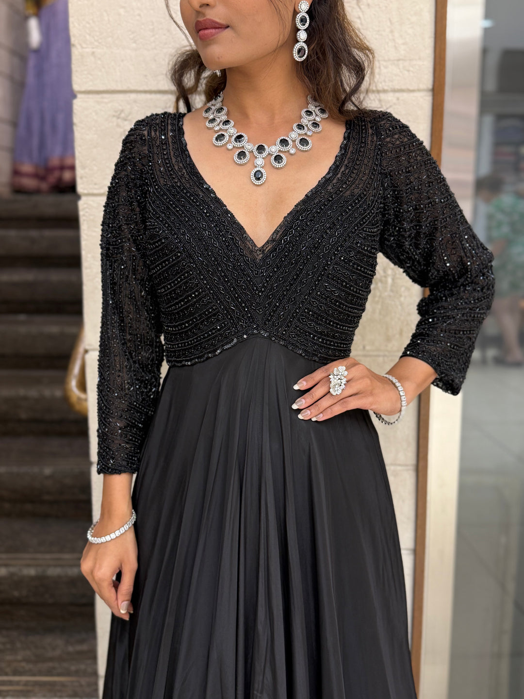 Black Embellished V-Neck Designer Evening Gown with Flared Skirt