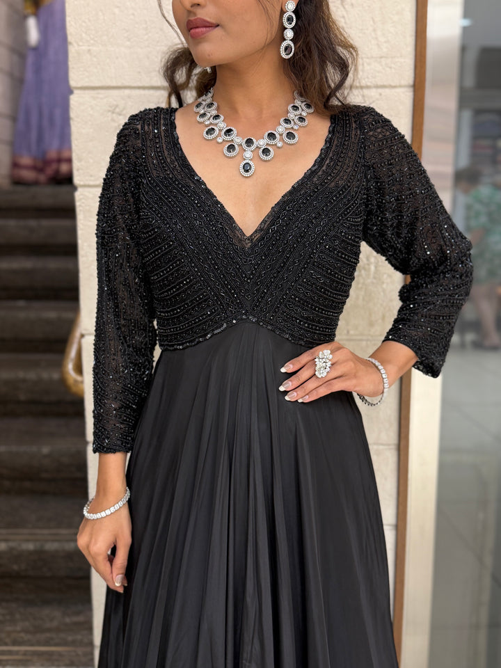 Black Embellished V-Neck Designer Evening Gown with Flared Skirt