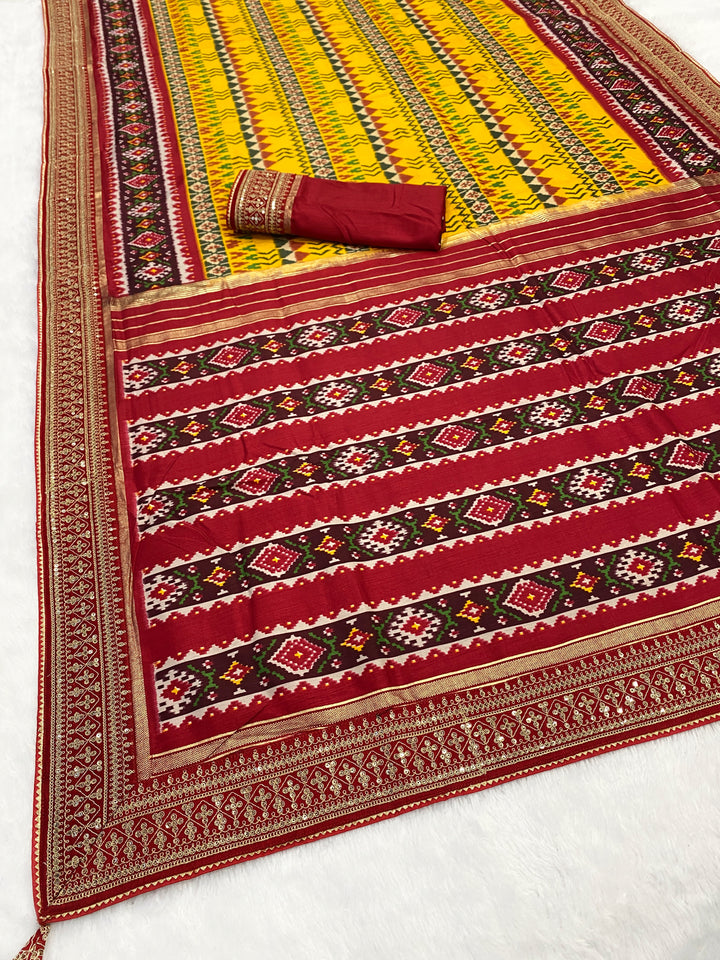 Rangoli Heritage Patola-Inspired Silk Saree with Intricate Geometric Weaves & Contrast Blouse