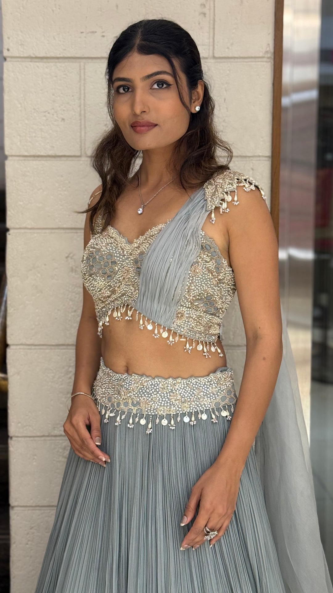 Ice Blue Embellished Designer Lehenga Set with Draped Dupatta