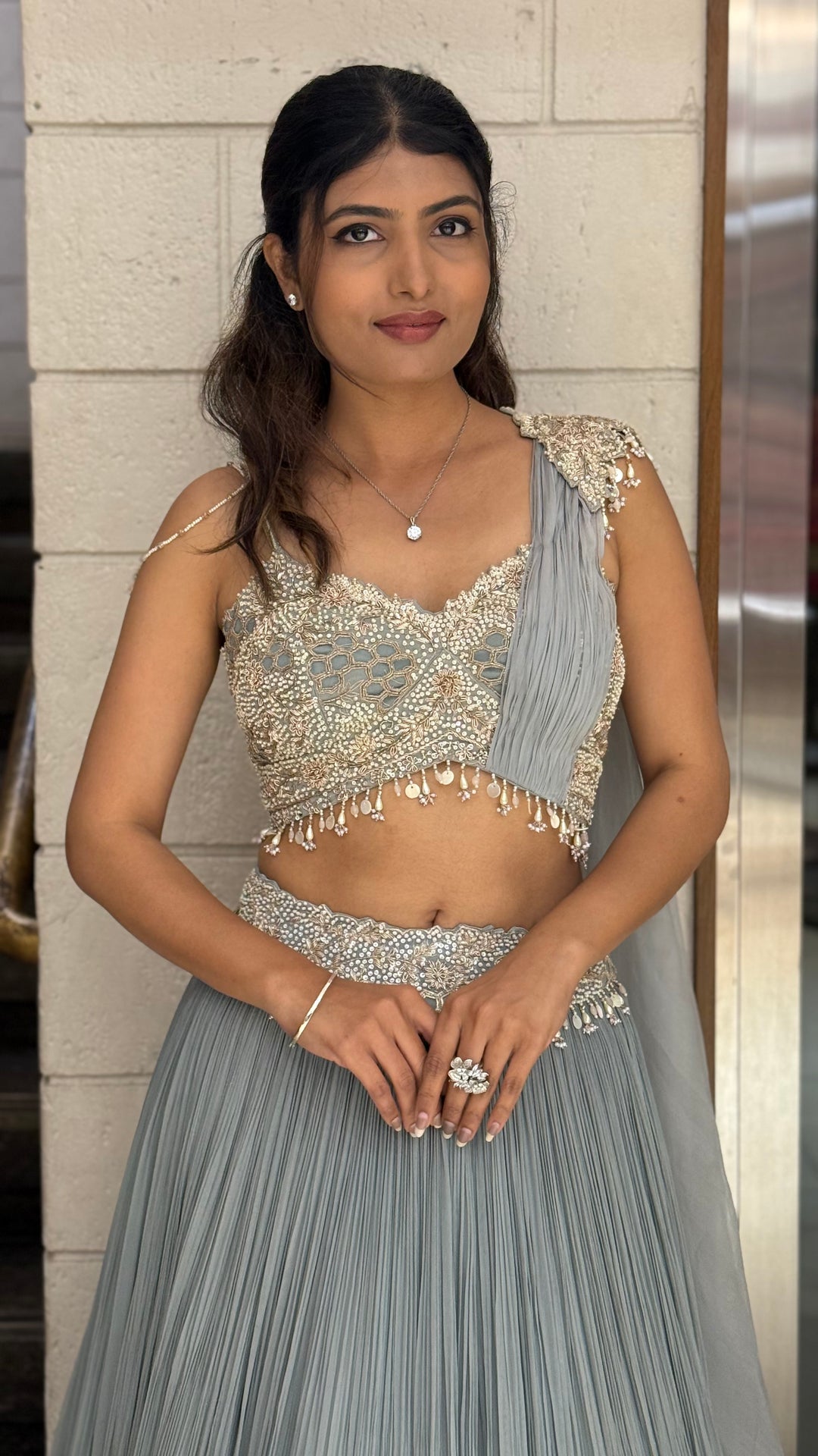 Ice Blue Embellished Designer Lehenga Set with Draped Dupatta