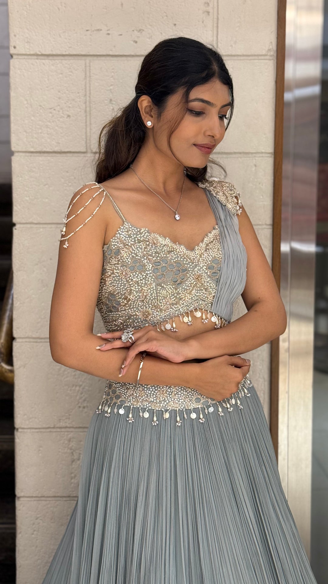 Ice Blue Embellished Designer Lehenga Set with Draped Dupatta