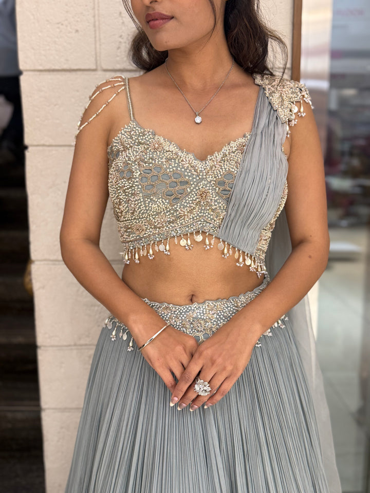 Ice Blue Embellished Designer Lehenga Set with Draped Dupatta