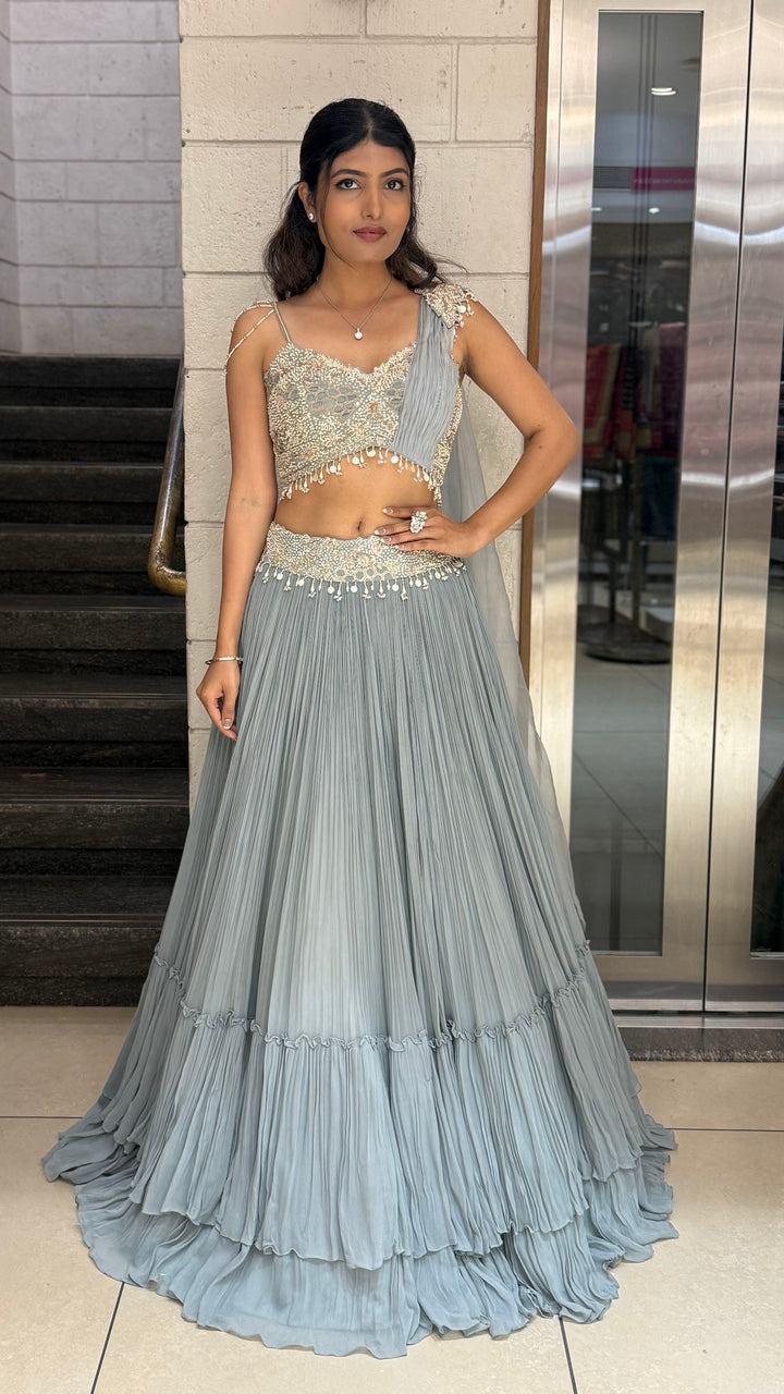 Ice Blue Embellished Designer Lehenga Set with Draped Dupatta