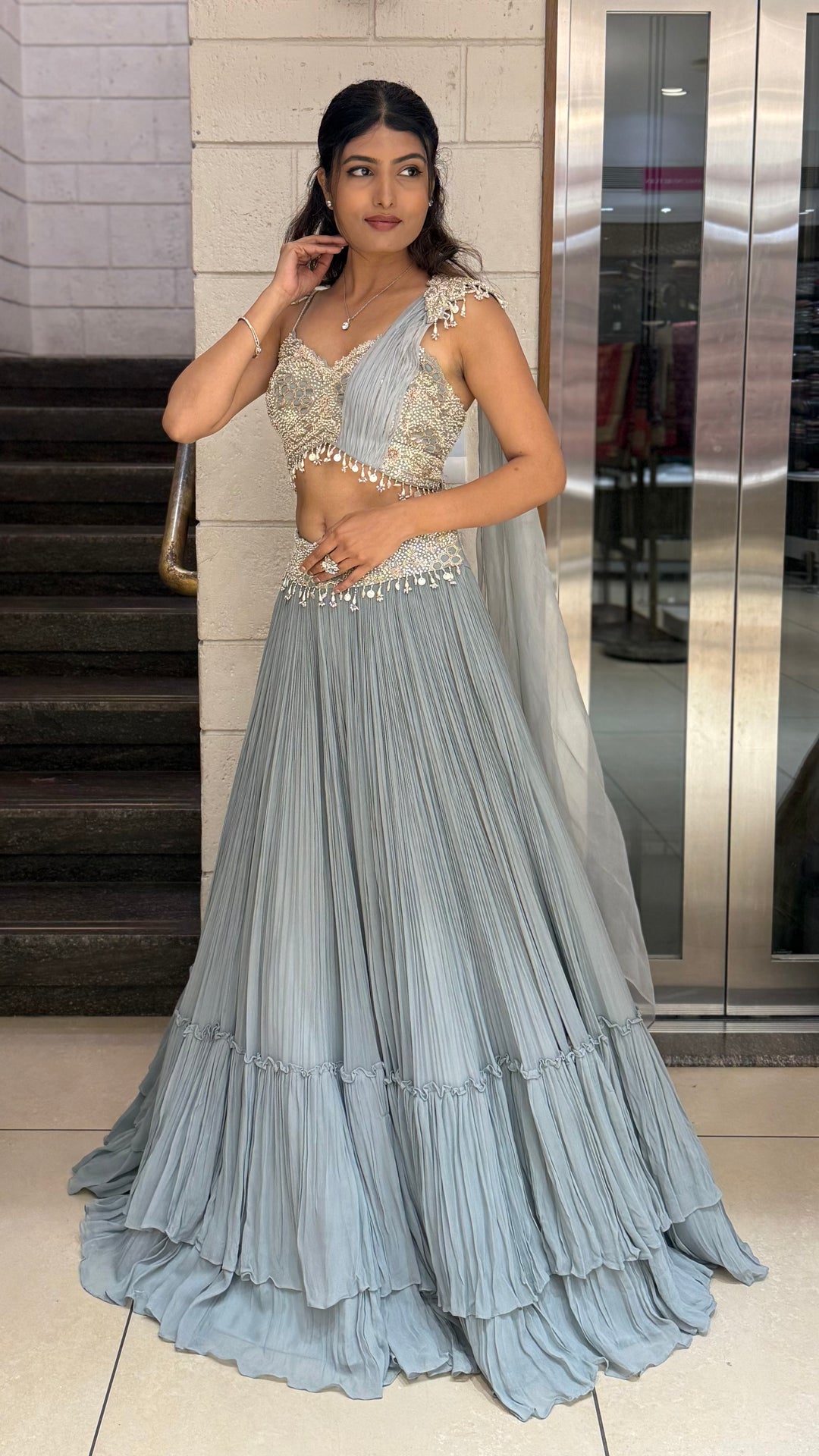 Ice Blue Embellished Designer Lehenga Set with Draped Dupatta