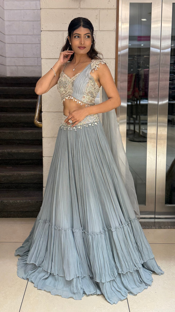 Ice Blue Embellished Designer Lehenga Set with Draped Dupatta