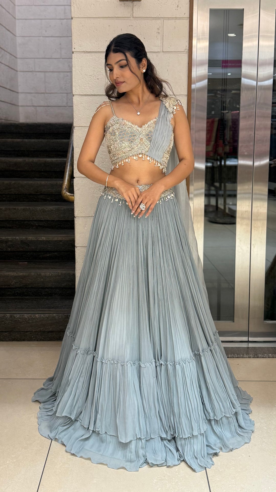 Ice Blue Embellished Designer Lehenga Set with Draped Dupatta