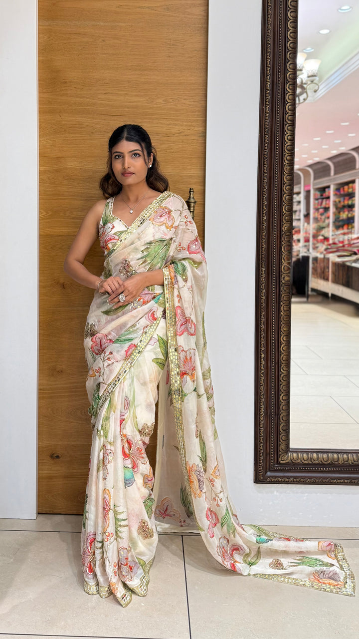 Ivory Floral Printed Designer Saree with Embellished Border