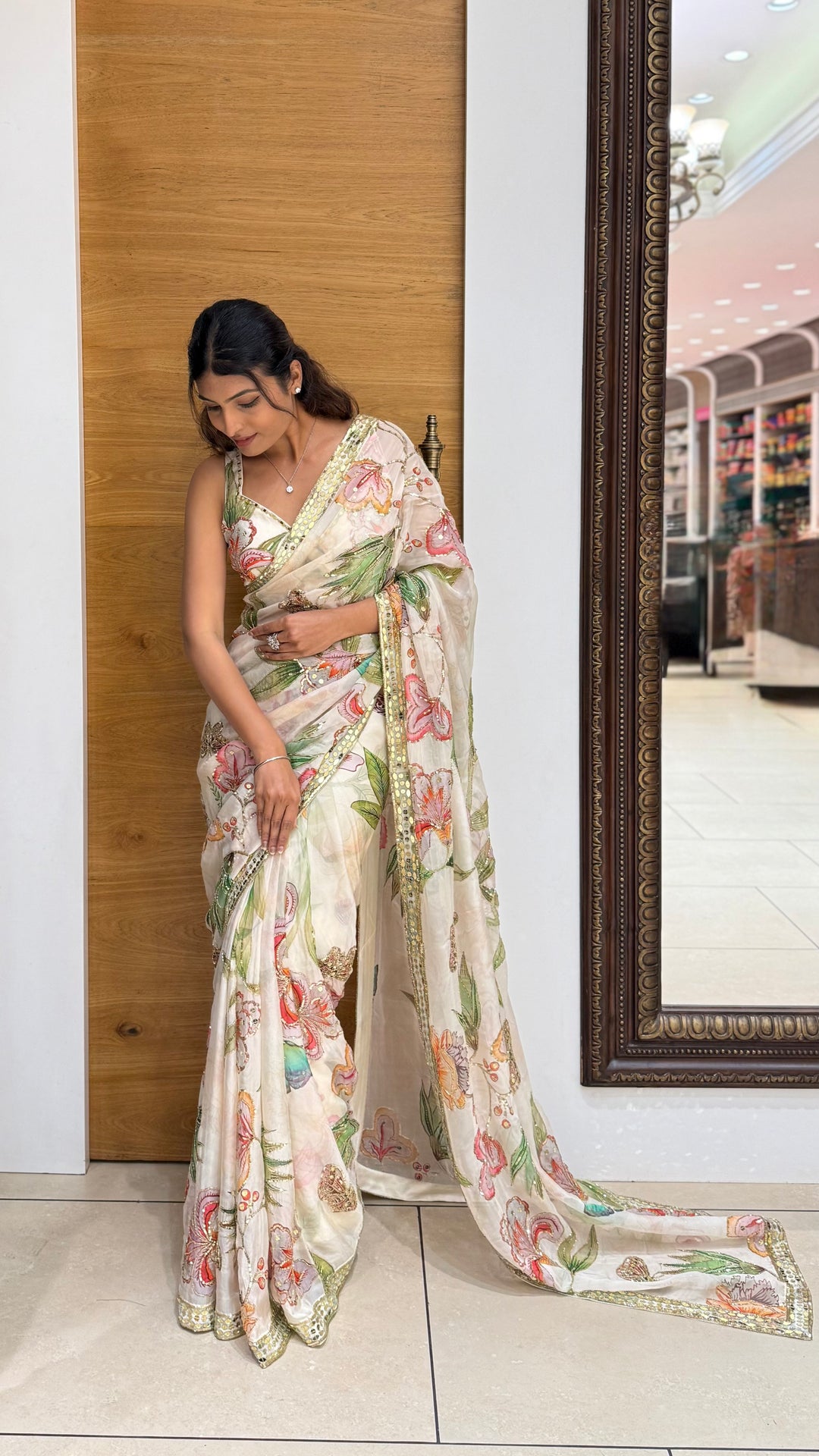 Ivory Floral Printed Designer Saree with Embellished Border