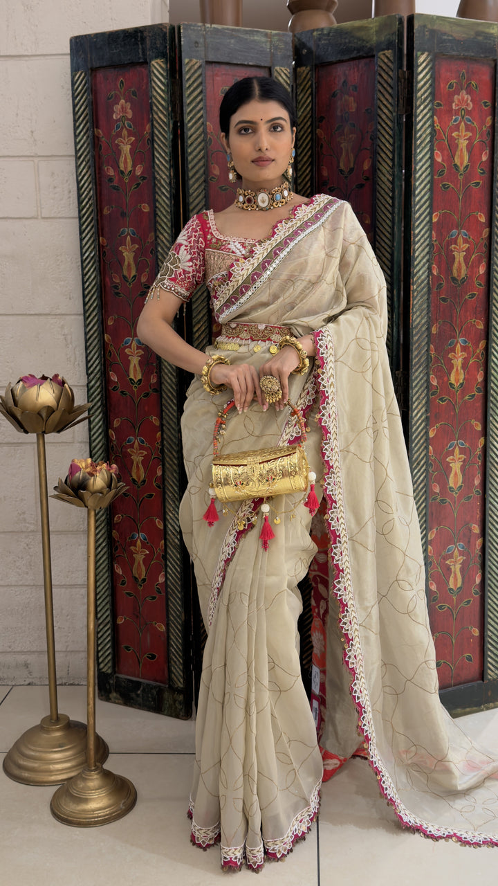 Ivory Cream Designer Weaving Saree with Pink Embroidered Lace Border