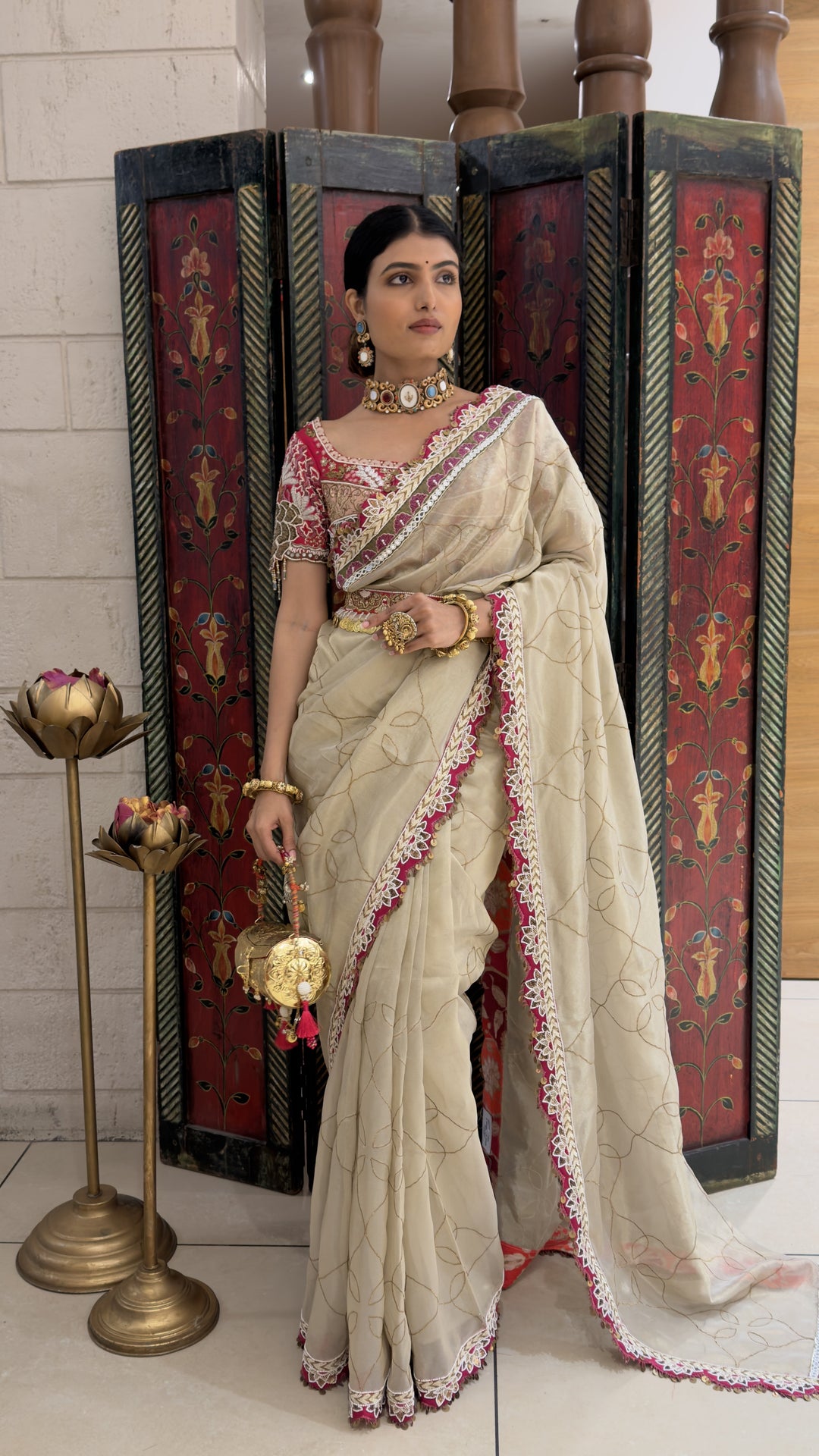 Ivory Cream Designer Weaving Saree with Pink Embroidered Lace Border
