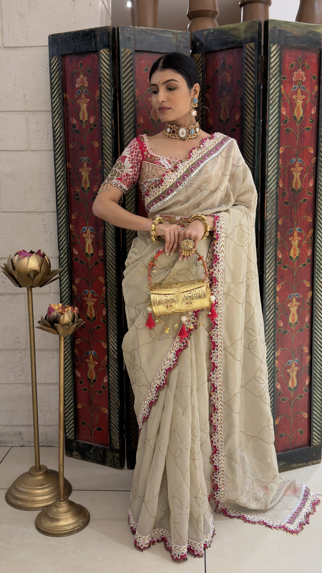 Ivory Cream Designer Weaving Saree with Pink Embroidered Lace Border