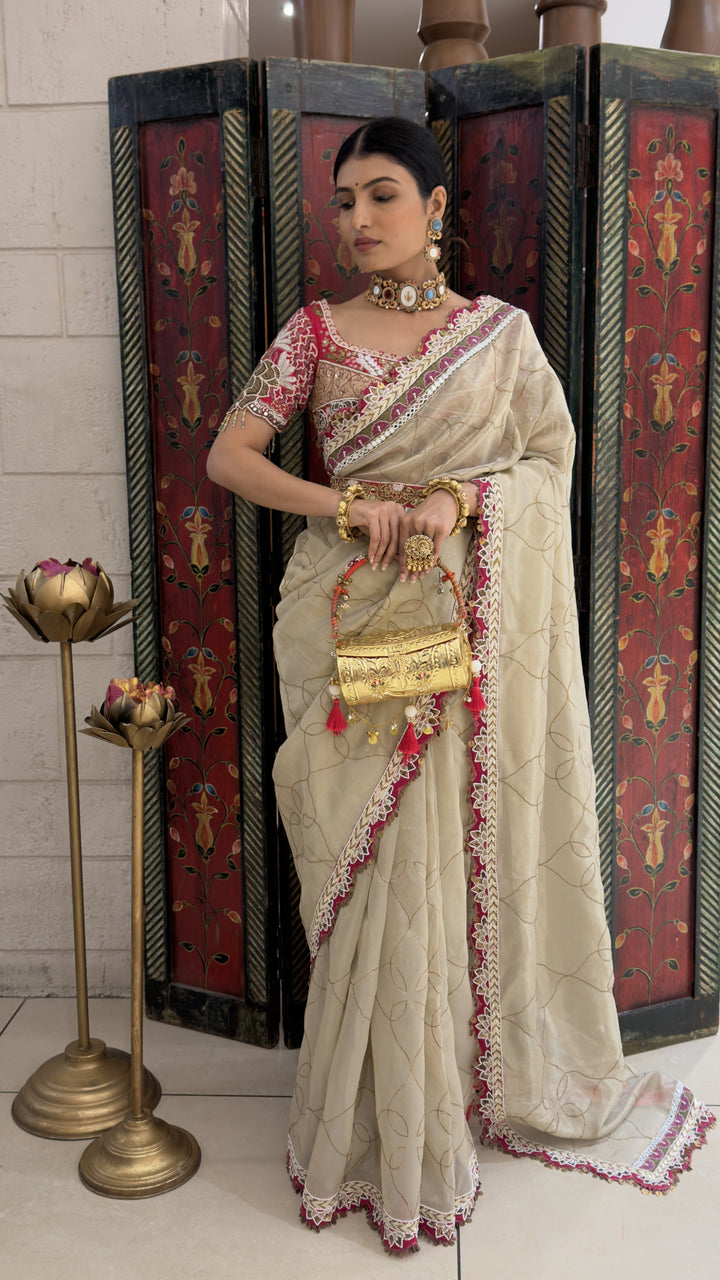 Ivory Cream Designer Weaving Saree with Pink Embroidered Lace Border