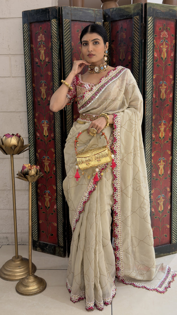 Ivory Cream Designer Weaving Saree with Pink Embroidered Lace Border