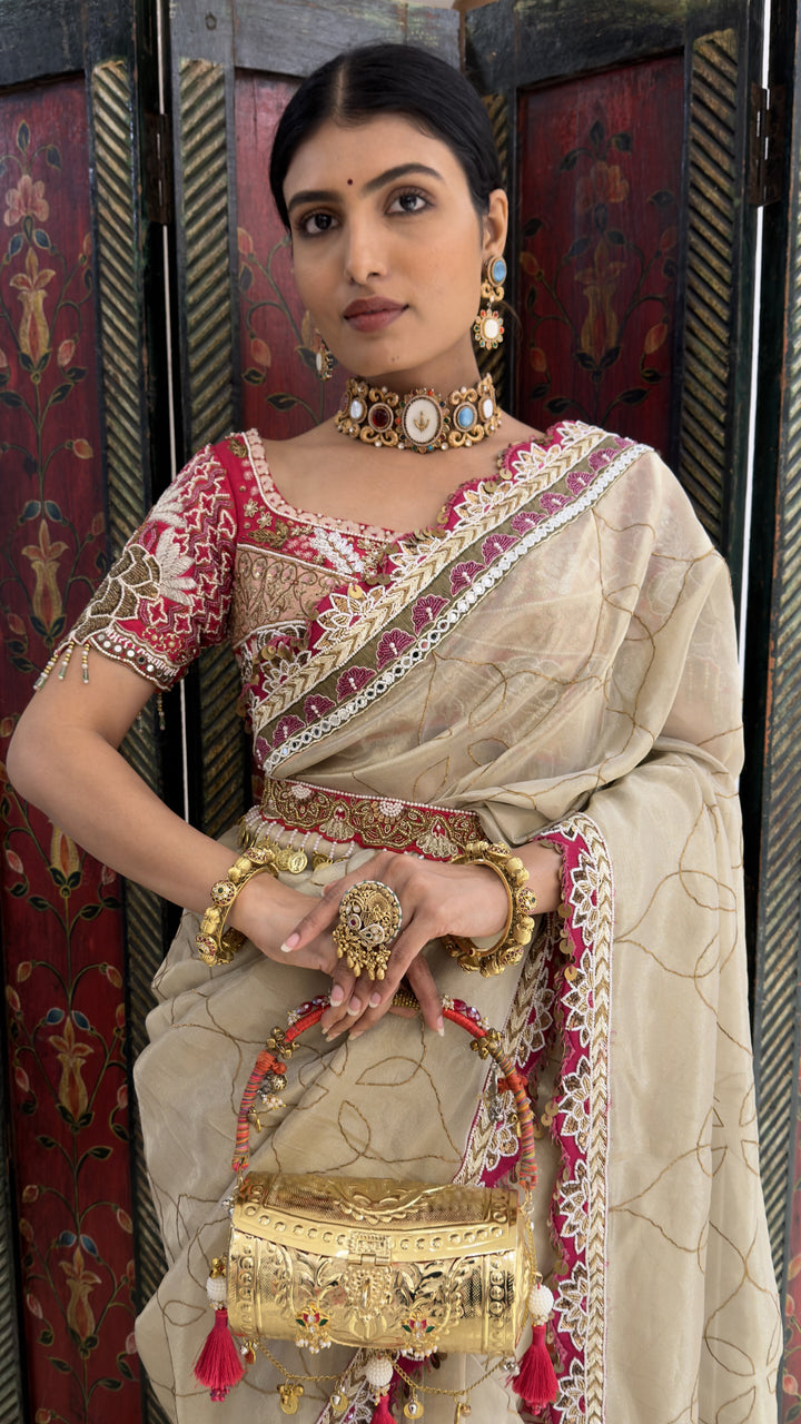 Ivory Cream Designer Weaving Saree with Pink Embroidered Lace Border