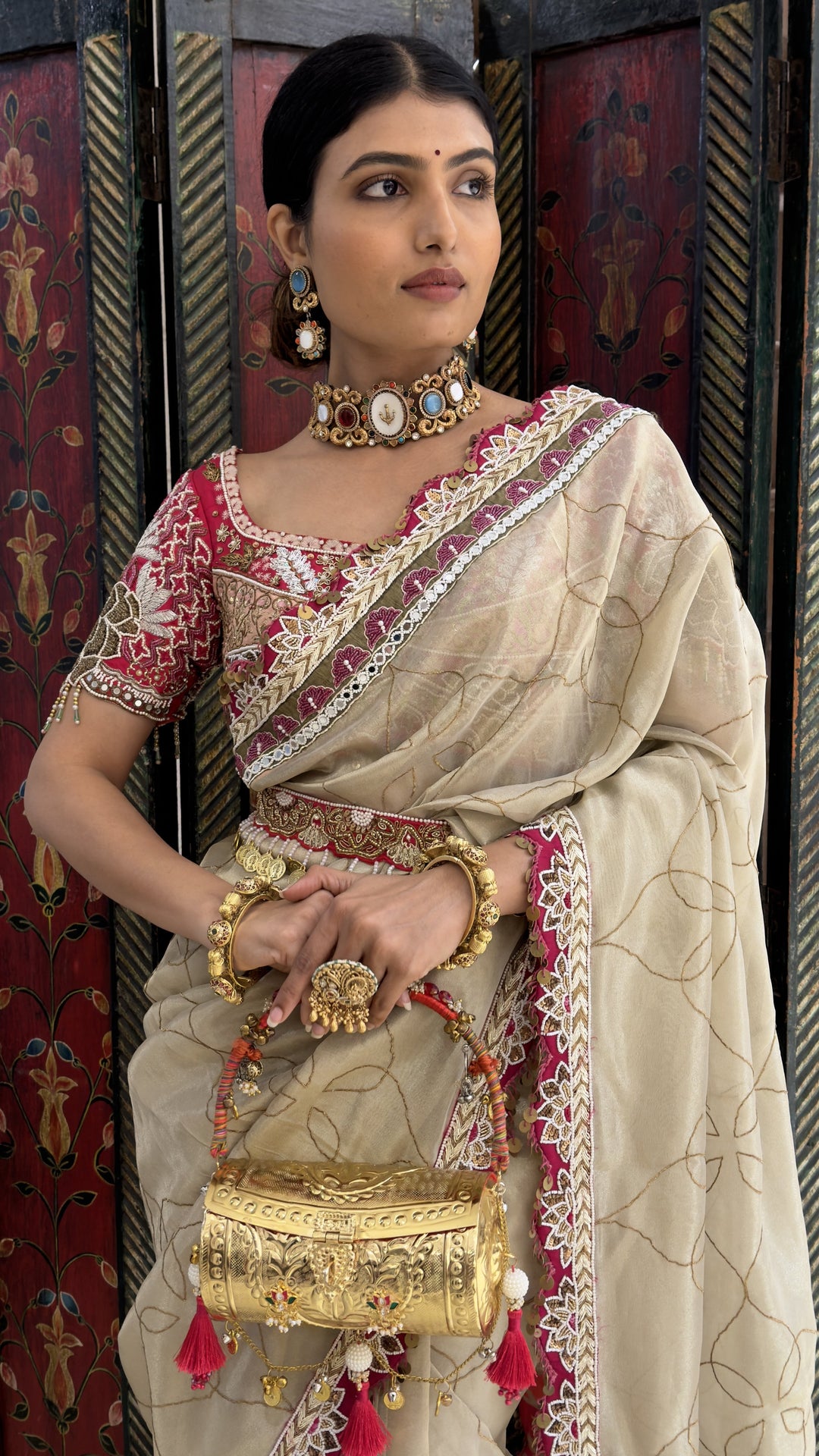 Ivory Cream Designer Weaving Saree with Pink Embroidered Lace Border