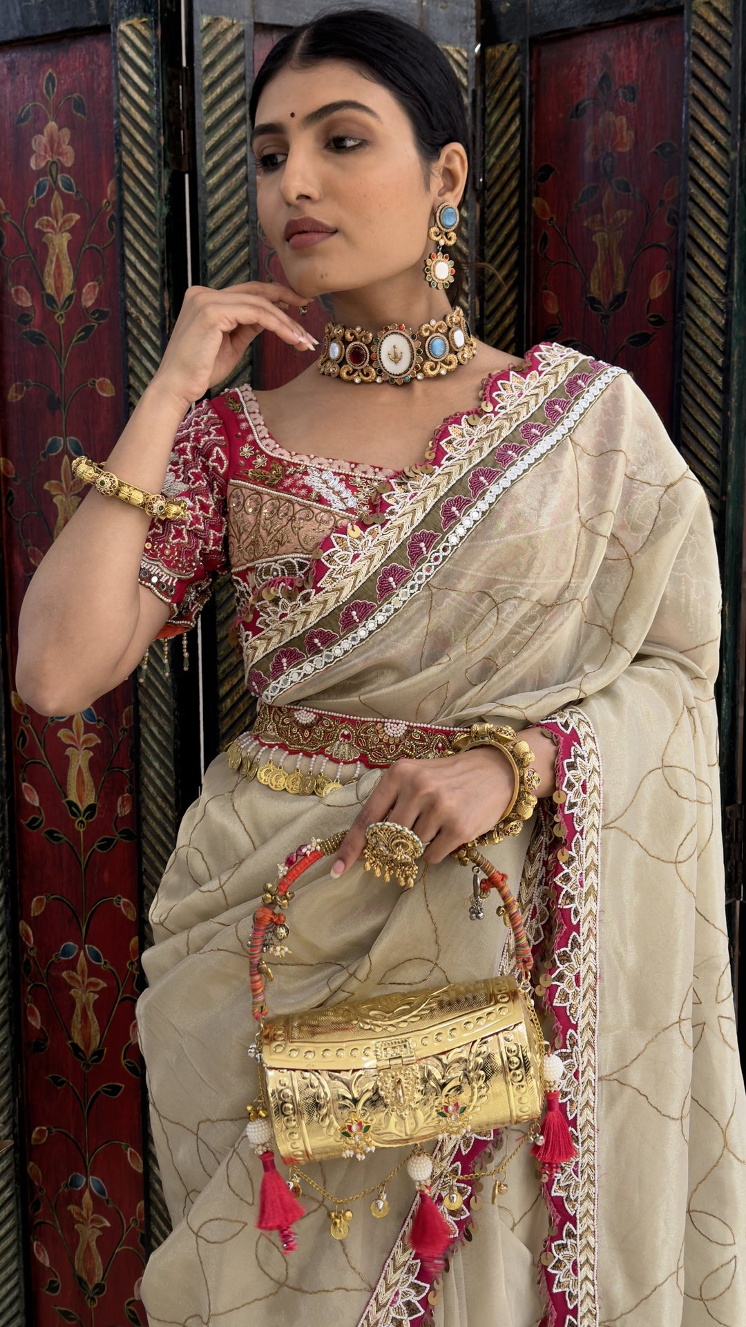 Ivory Cream Designer Weaving Saree with Pink Embroidered Lace Border