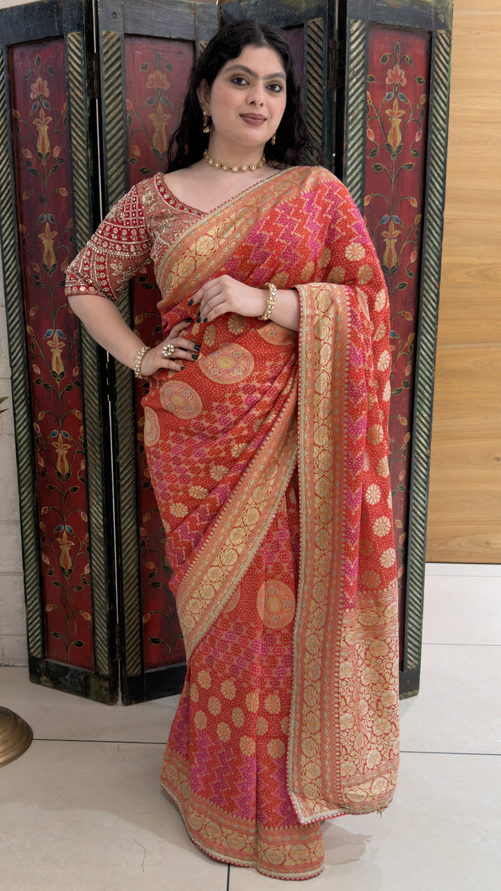 Coral Pink Designer Weaving Saree with Rich Zari Floral Weave & Embroidered Blouse
