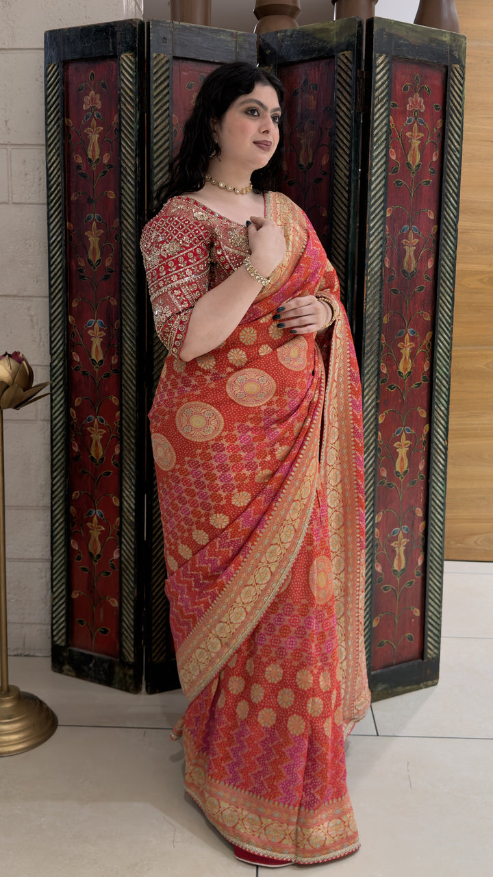 Coral Pink Designer Weaving Saree with Rich Zari Floral Weave & Embroidered Blouse