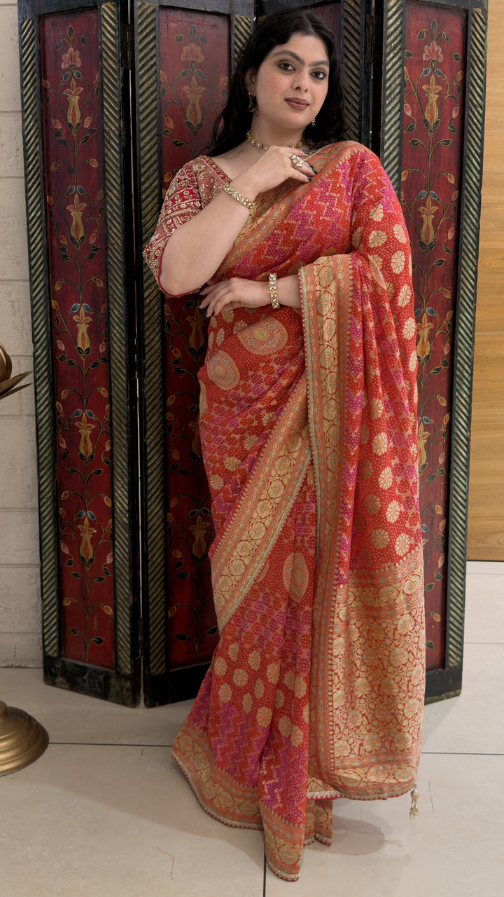 Coral Pink Designer Weaving Saree with Rich Zari Floral Weave & Embroidered Blouse