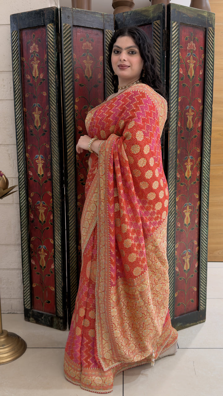 Coral Pink Designer Weaving Saree with Rich Zari Floral Weave & Embroidered Blouse