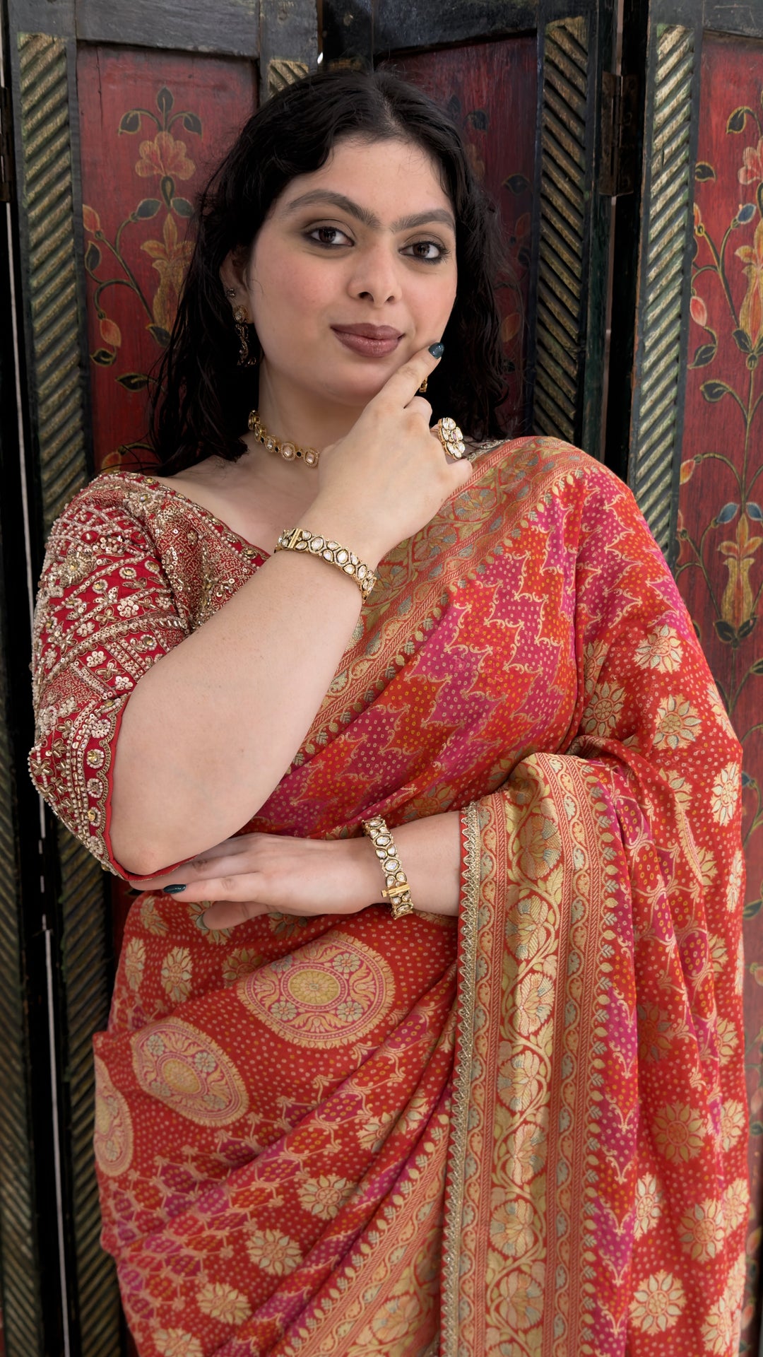 Coral Pink Designer Weaving Saree with Rich Zari Floral Weave & Embroidered Blouse