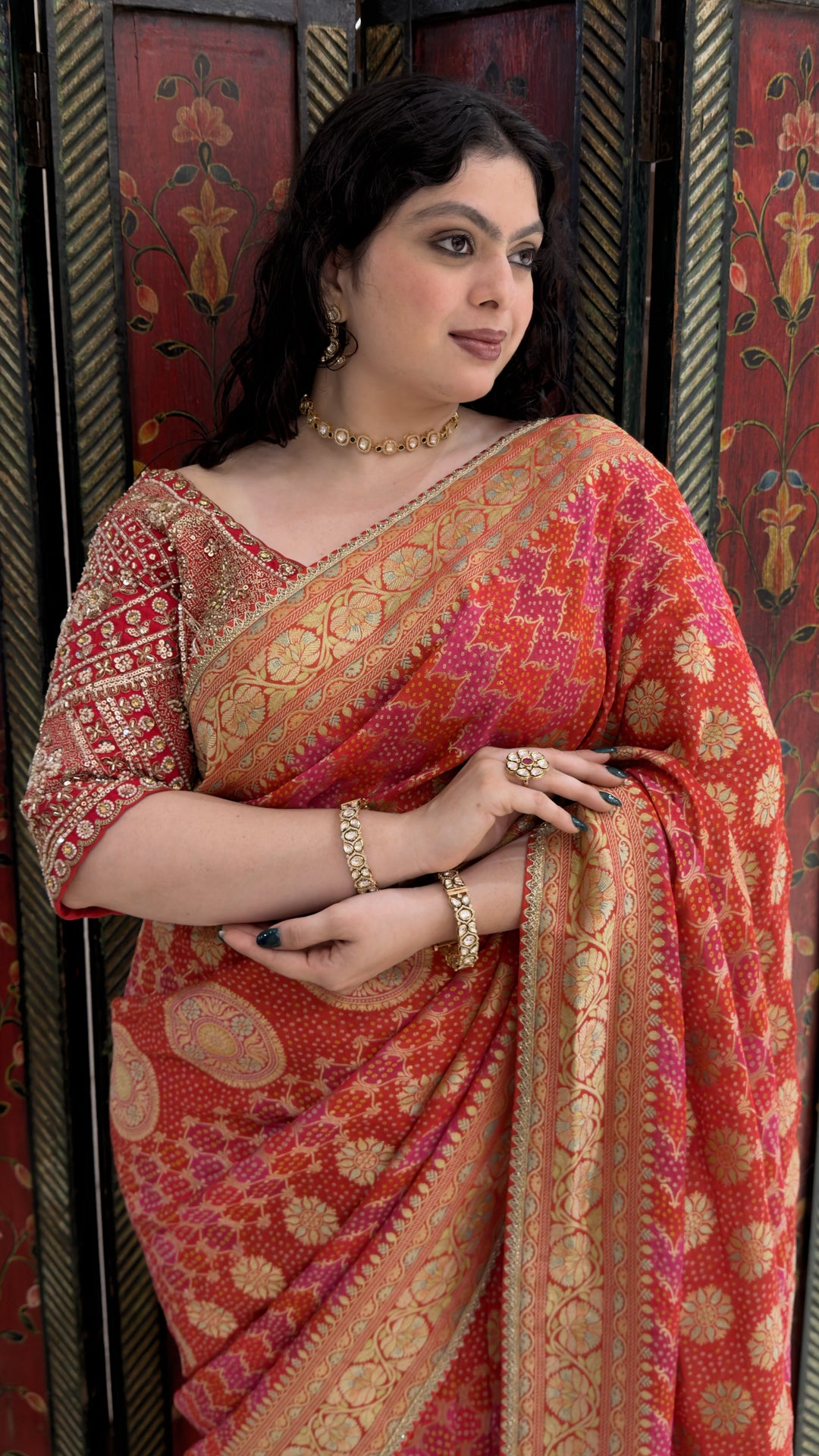 Coral Pink Designer Weaving Saree with Rich Zari Floral Weave & Embroidered Blouse