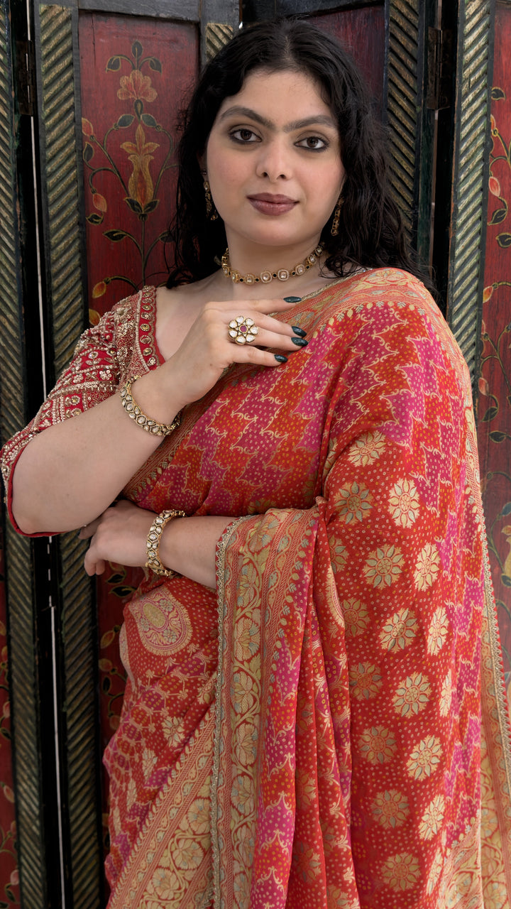 Coral Pink Designer Weaving Saree with Rich Zari Floral Weave & Embroidered Blouse