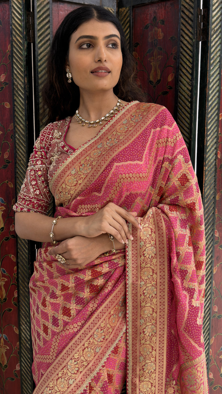Rani Pink Designer Weaving Saree with Rich Zari Geometric Weave & Grand Woven Pallu